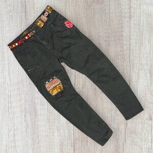 DESIGUAL Olive Green Ribbon Patchwork Embroidered Design Skinny Ankle Jeans 24